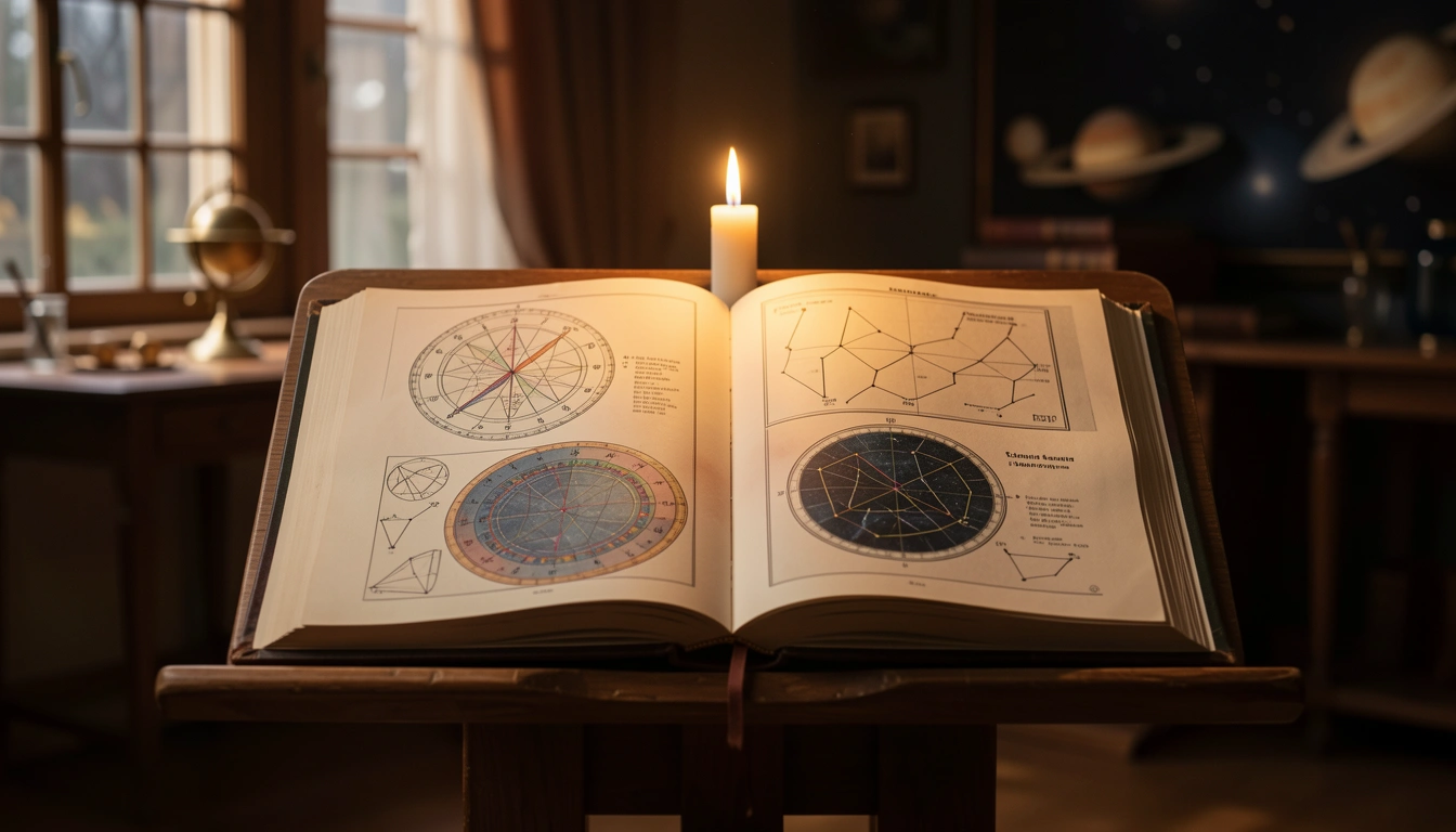 Open book with various astrological chart diagrams on a wooden lectern lit by candlelight