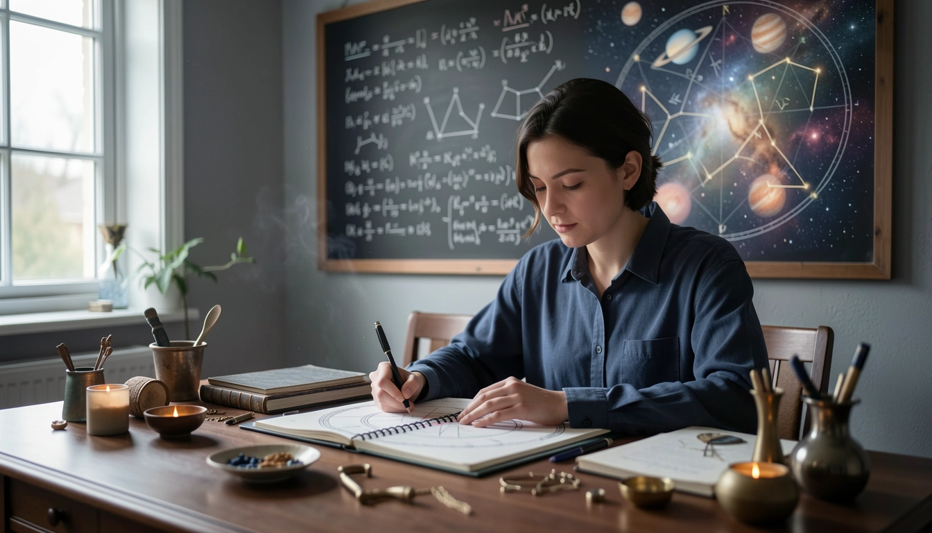 Person writing at a desk with a birth chart, scientific equations on the wall behind
