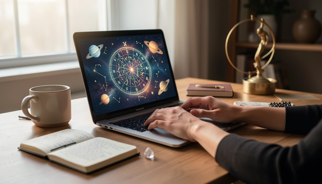 Hands typing on a laptop with a glowing birth chart on screen, desk with notebook and crystal