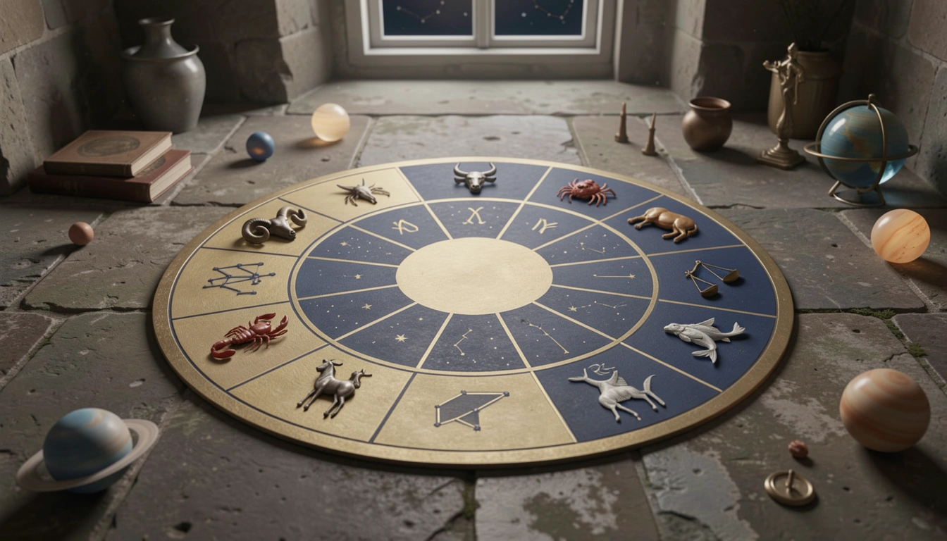 Painted zodiac wheel on stone floor with symbolic objects for each sign