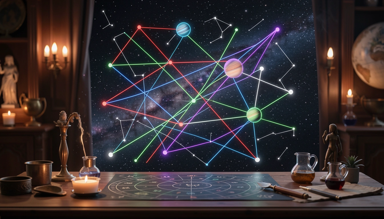 Abstract planetary aspect lines in dark space with colored lines connecting glowing dots