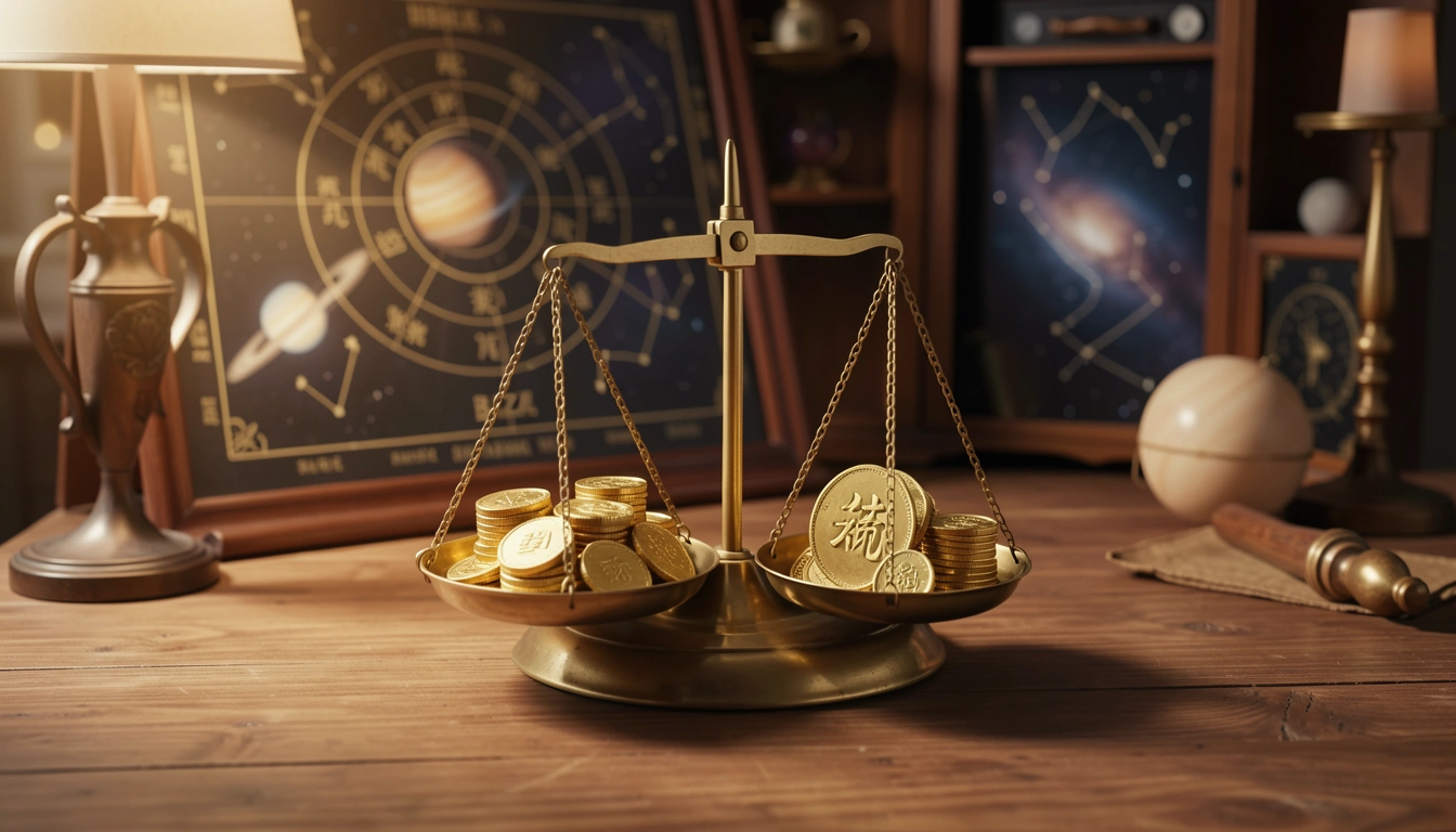 Brass scale with gold coins and wealth character on a desk with BaZi chart