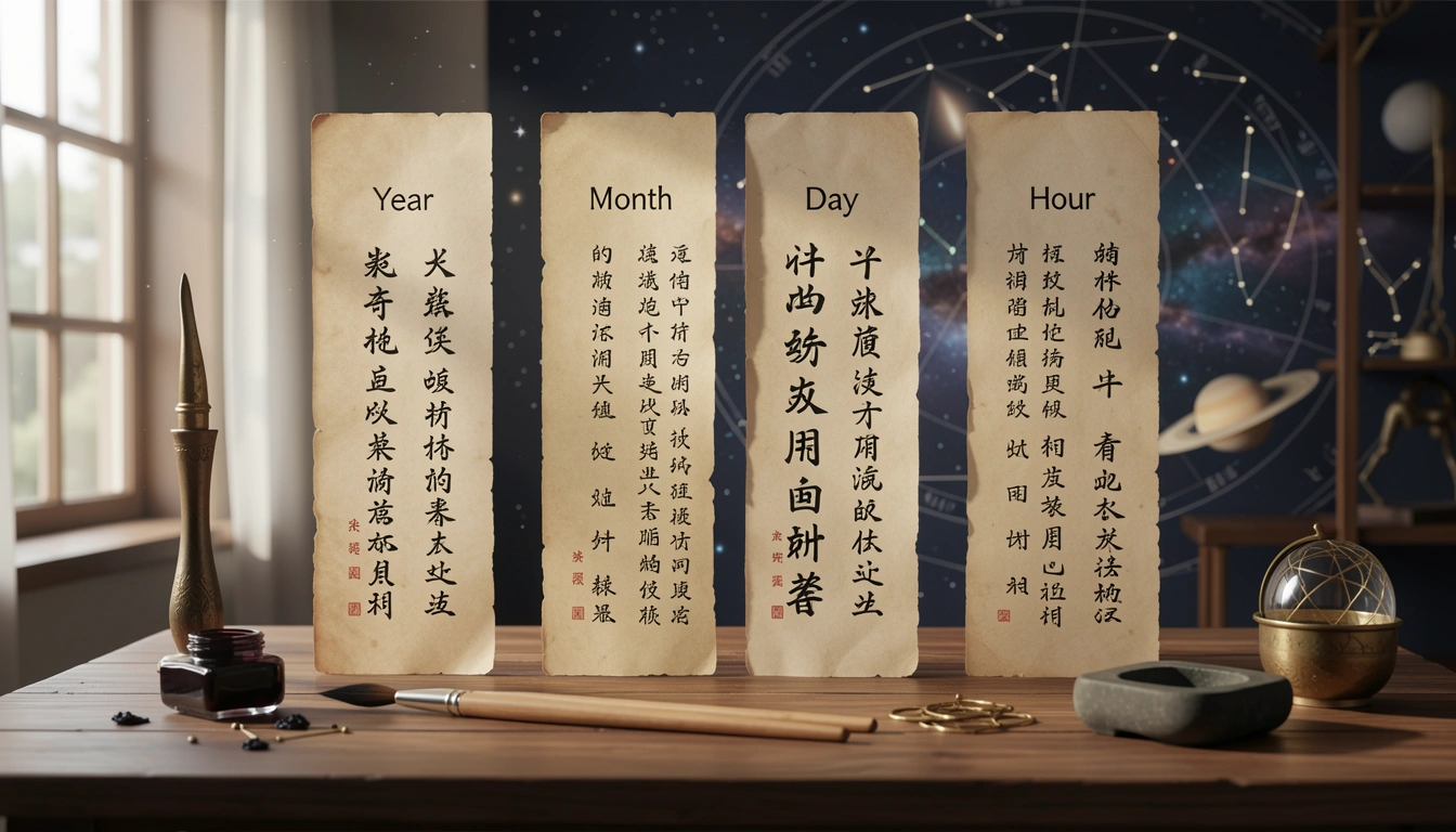 Four pillars of Chinese calligraphy on parchment representing Year, Month, Day, Hour
