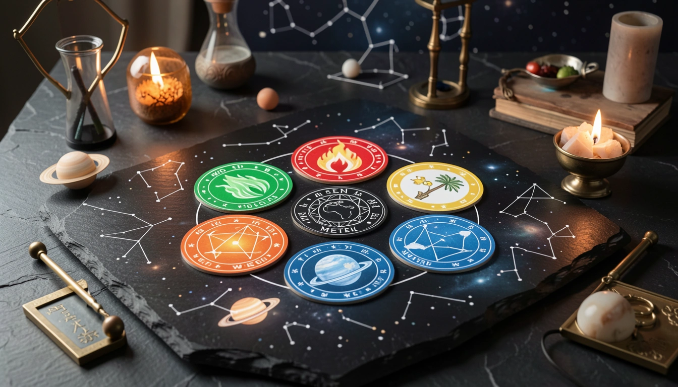 Five Elements symbols arranged in a pentagon on stone