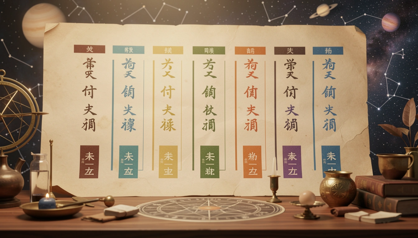 Ten Heavenly Stems in calligraphy with element colors