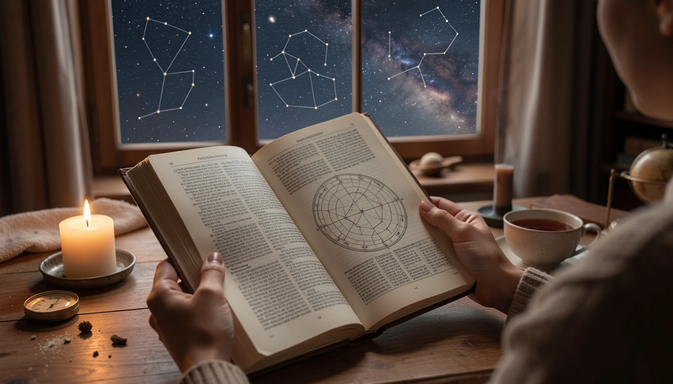 Person holding open a birth chart book by candlelight, with a window showing the night sky.