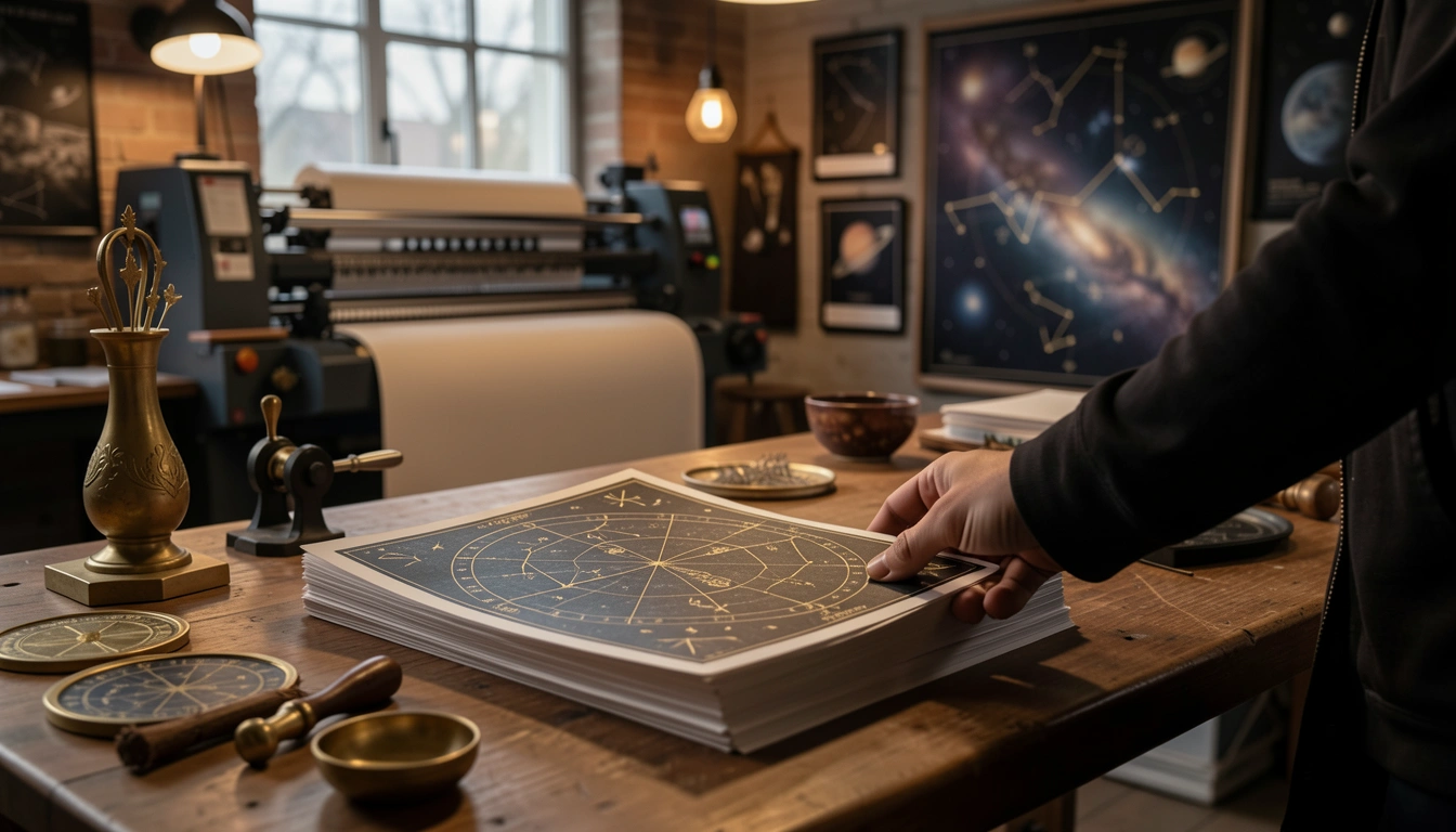 Print shop scene with a person handling printed birth chart pages and a bookbinding machine in the background.