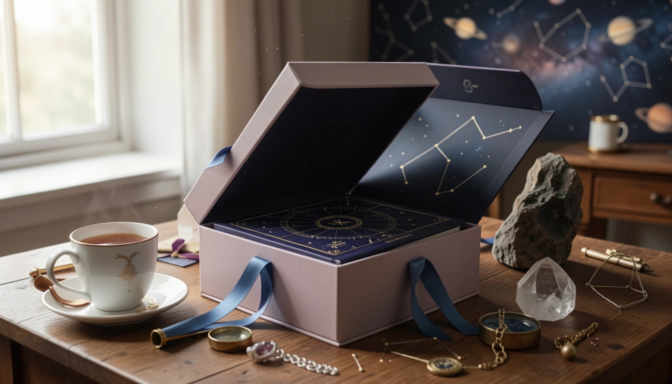 Opening a luxury gift box to reveal the birth chart book, with tea and crystal on a wooden table.