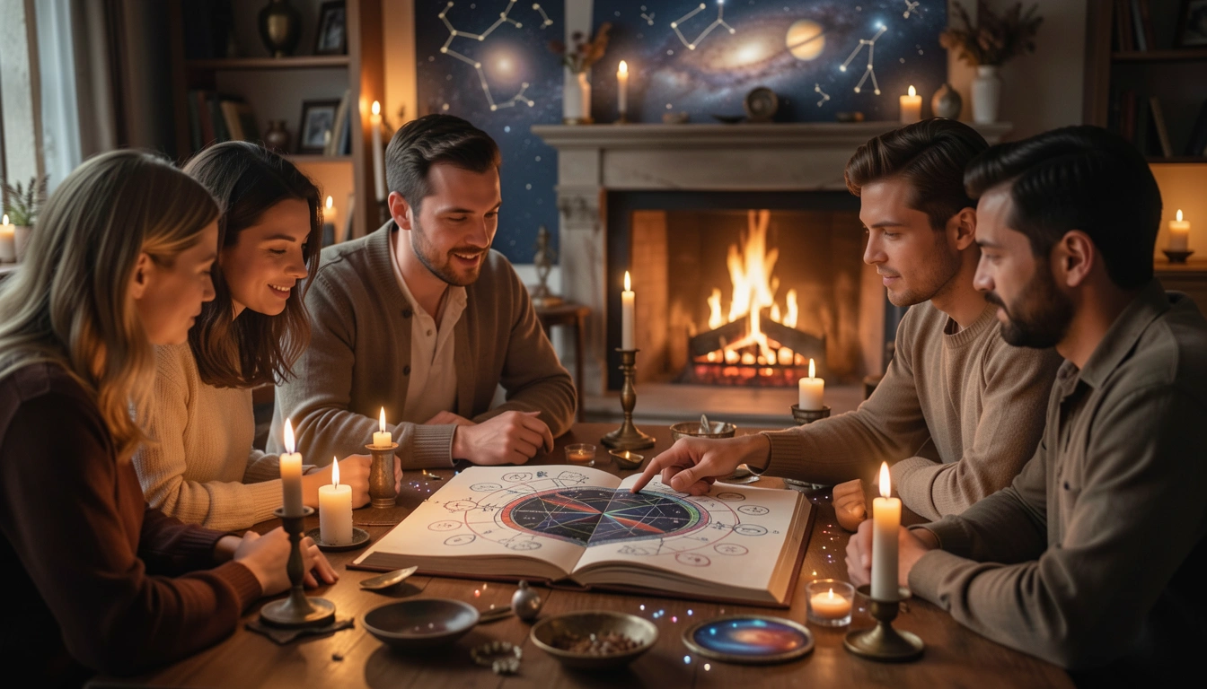 Group of people gathered around a table examining an open birth chart book by candlelight.