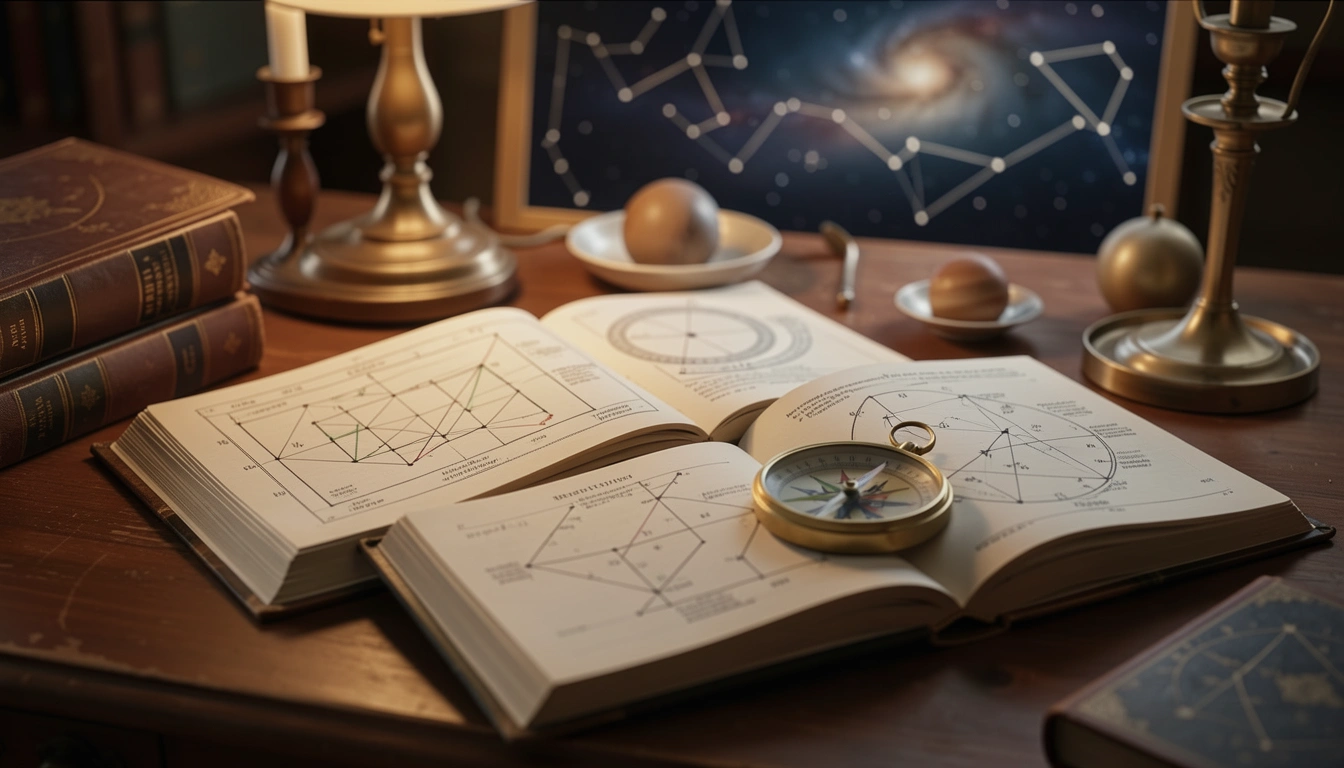 Open astrology books showing different house system diagrams with compass