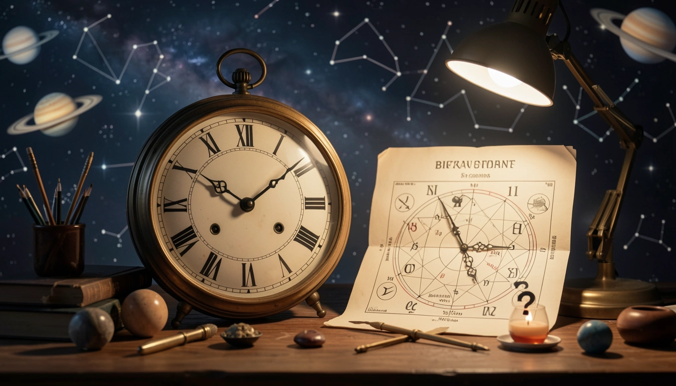 Vintage clock beside a birth chart with question mark on Ascendant