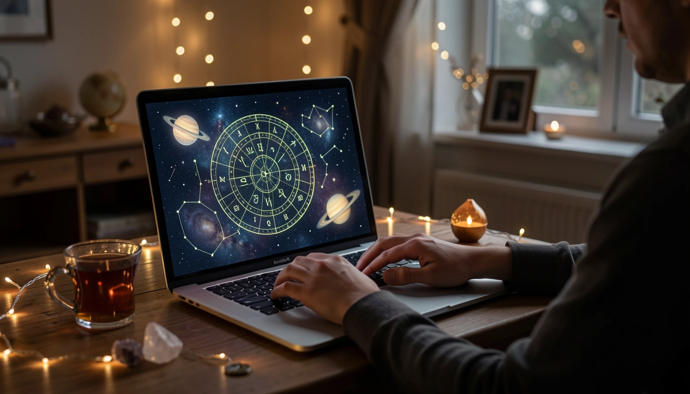 Person using laptop with birth chart houses calculator on screen