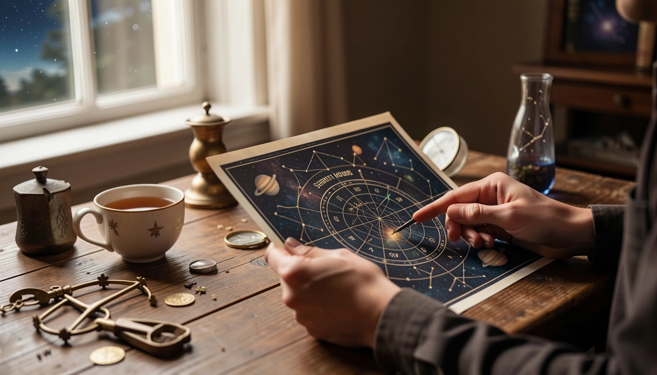 Hands holding a birth chart and pointing to a house cusp