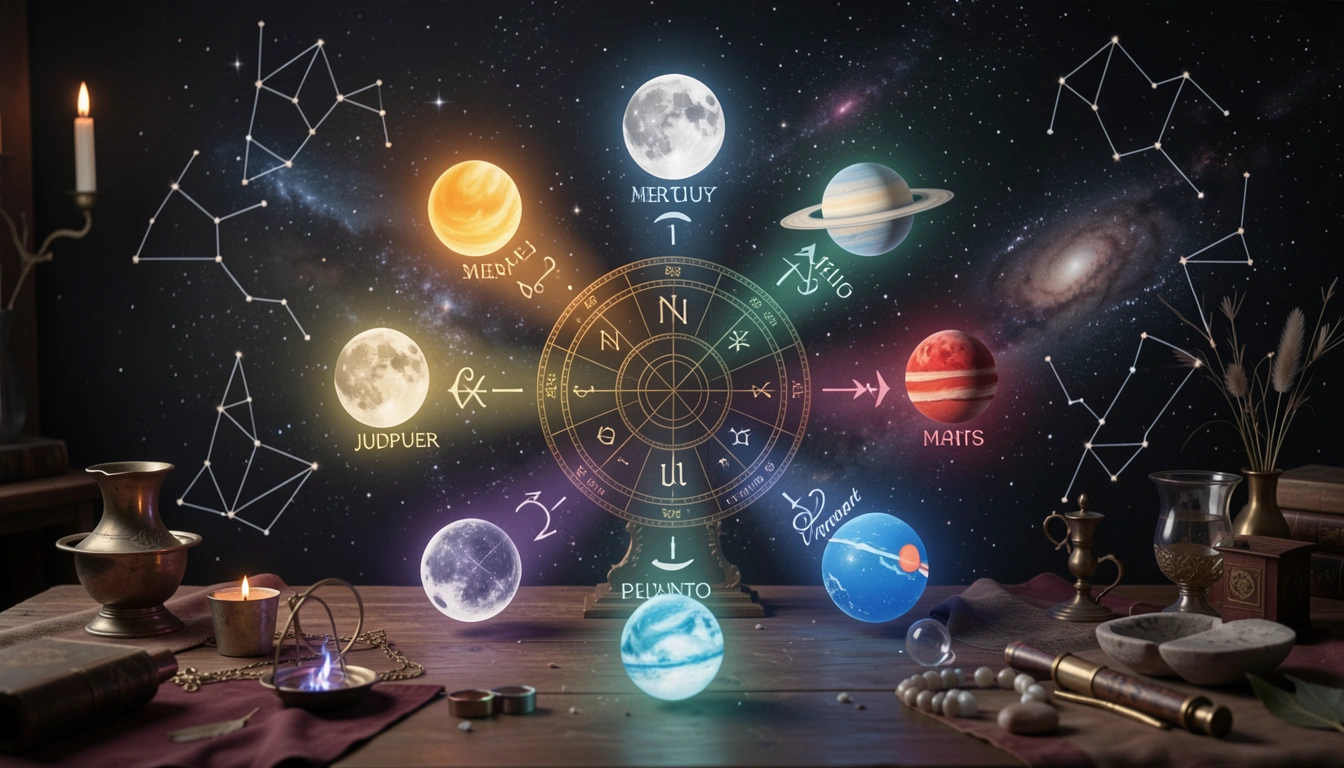 Planetary symbols arranged around a house wheel with colored light beams