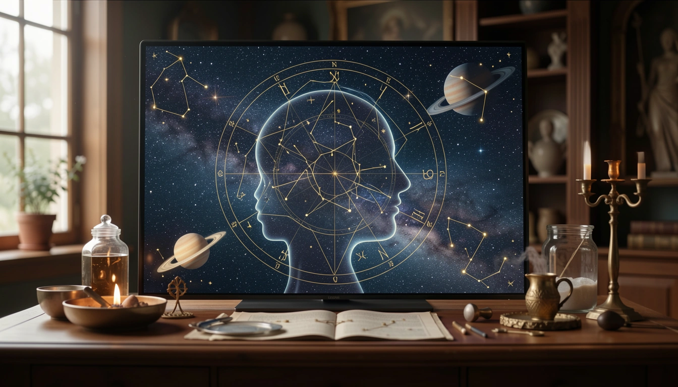 Digital astrological chart with scoring algorithm visualization.