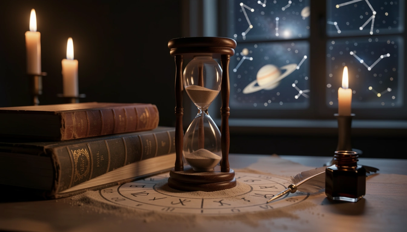 Hourglass and astrological chart symbolizing time estimation from life events.