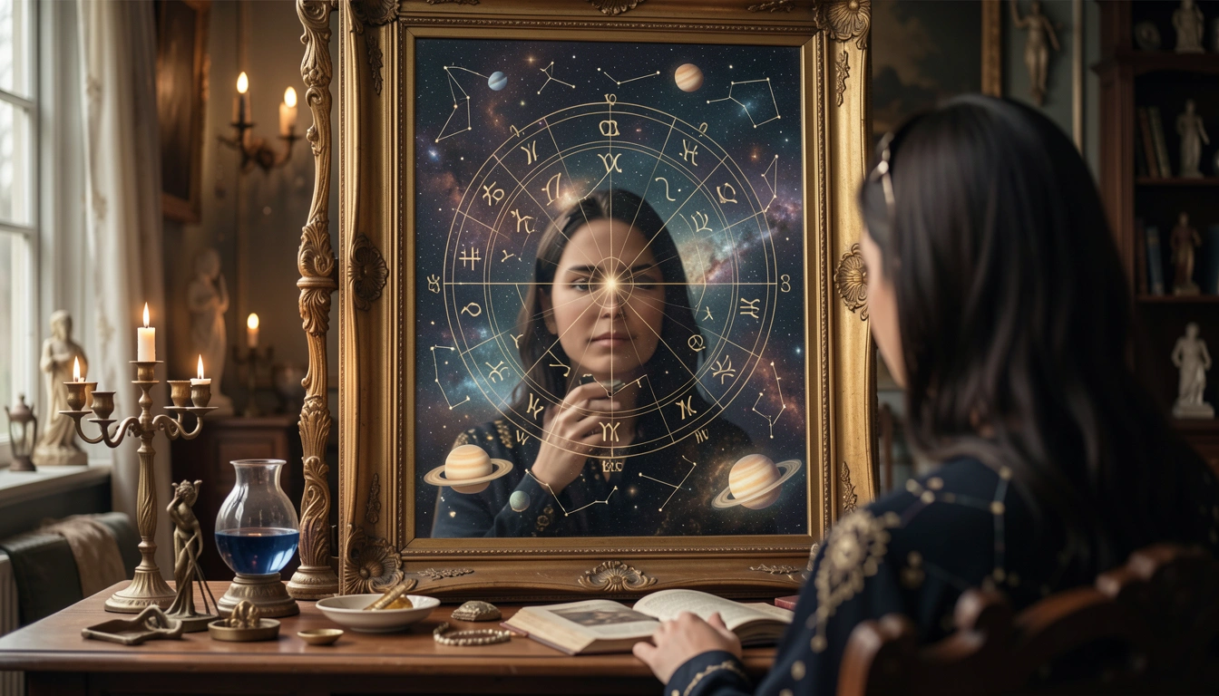 Antique mirror reflecting zodiac wheel symbolizing Ascendant matching.