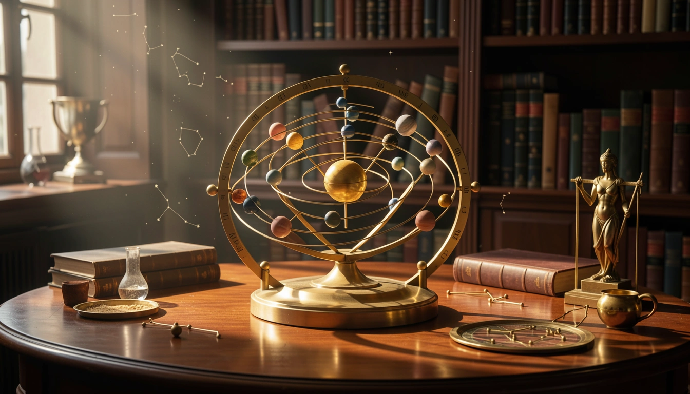 Brass orrery solar system model on wooden table with window light and bookcase background.