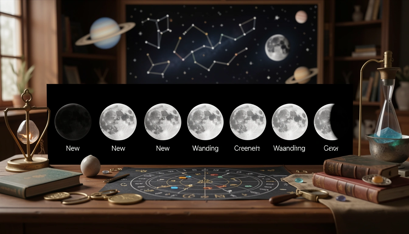 Sequence of eight Moon phase photographs from New to Waning Crescent against black sky.
