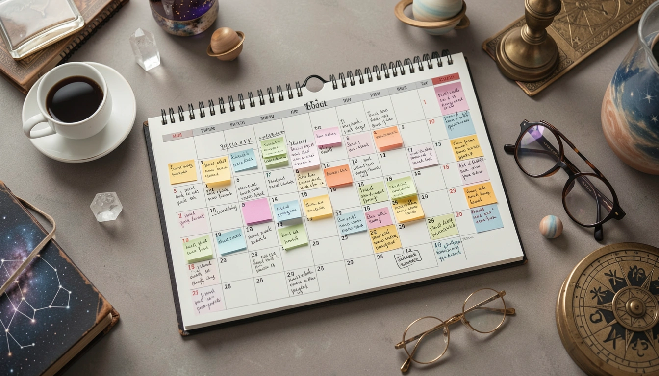 Flat lay of yearly desk calendar with colored stickers and notes, coffee cup, glasses, and crystal.