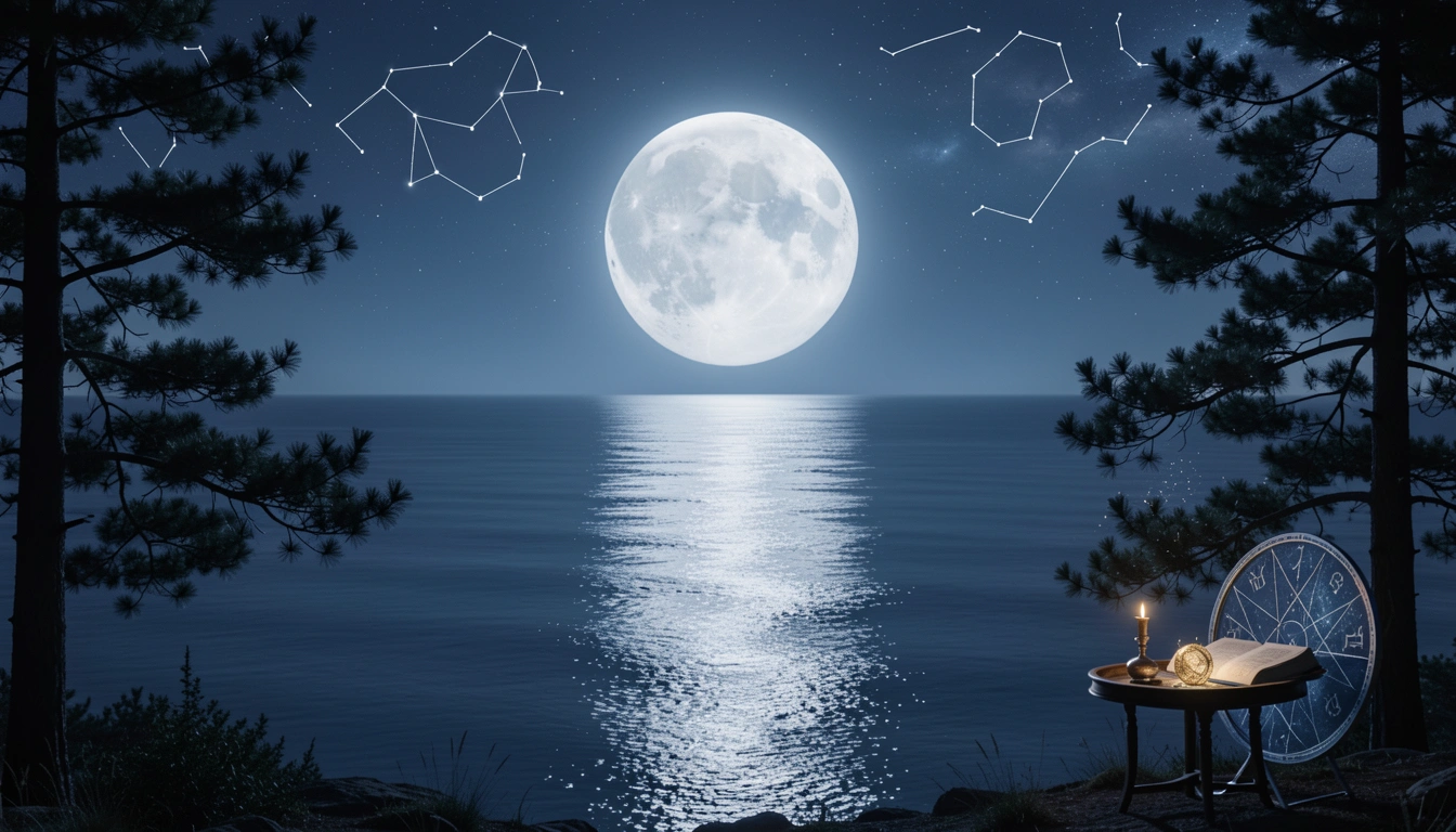 Full moon rising over a calm ocean with silver reflection and silhouetted pine trees.