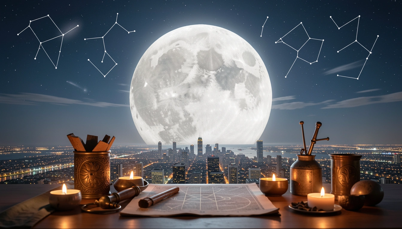 Dramatic supermoon appearing oversized over a city skyline with visible lunar craters.