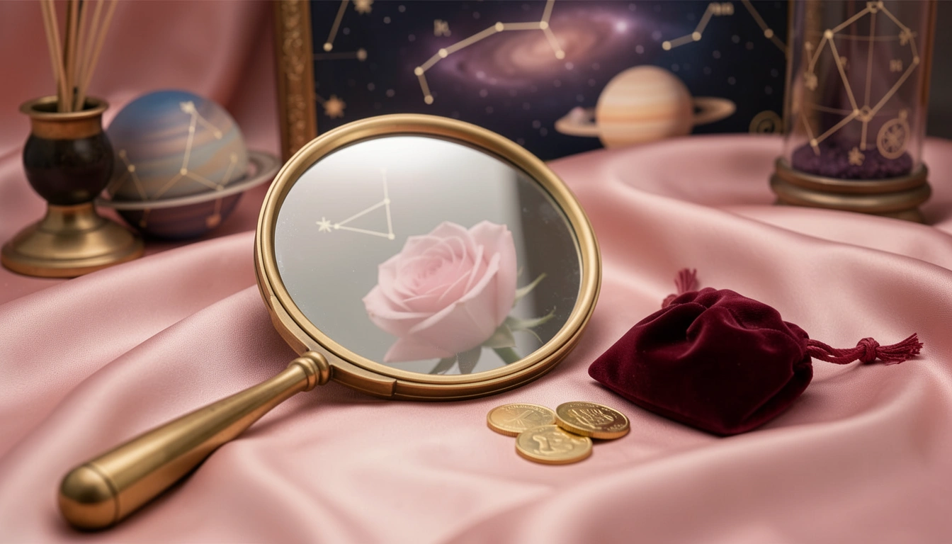 Hand mirror reflecting a hazy rose with gold coins and velvet pouch on silk cloth.