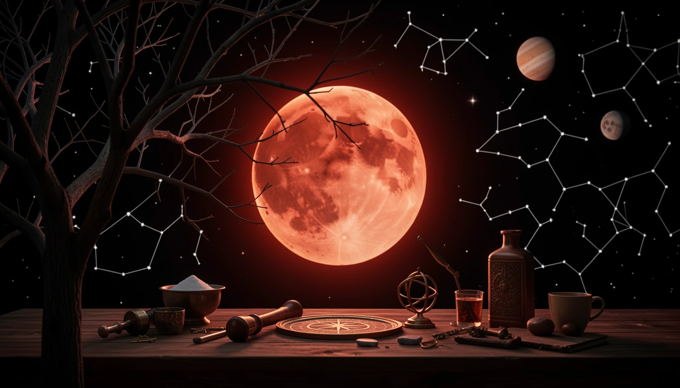 Total lunar eclipse showing reddish-orange moon visible through bare tree branches.