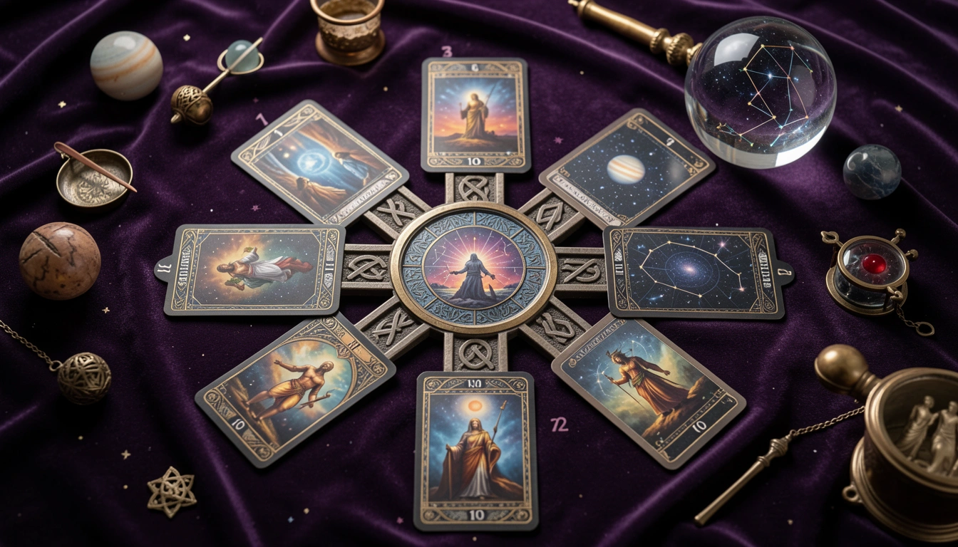 Top-down view of numbered Celtic Cross tarot spread on velvet with crystal ball.