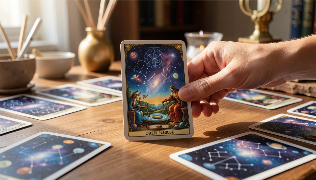 Hand placing a tarot card in the centre of a Celtic Cross spread, soft lighting.