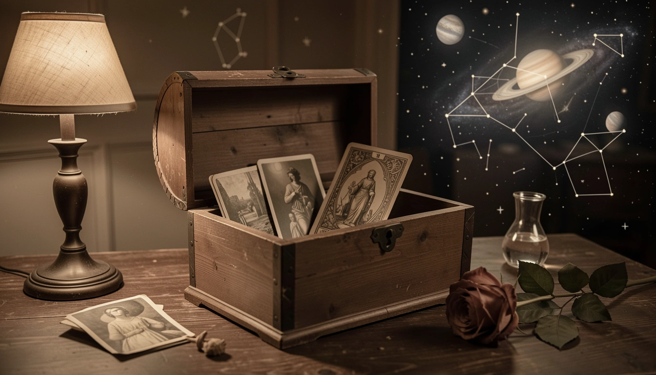 Open antique chest with old photos and a tarot card, sepia-toned, dried rose nearby.
