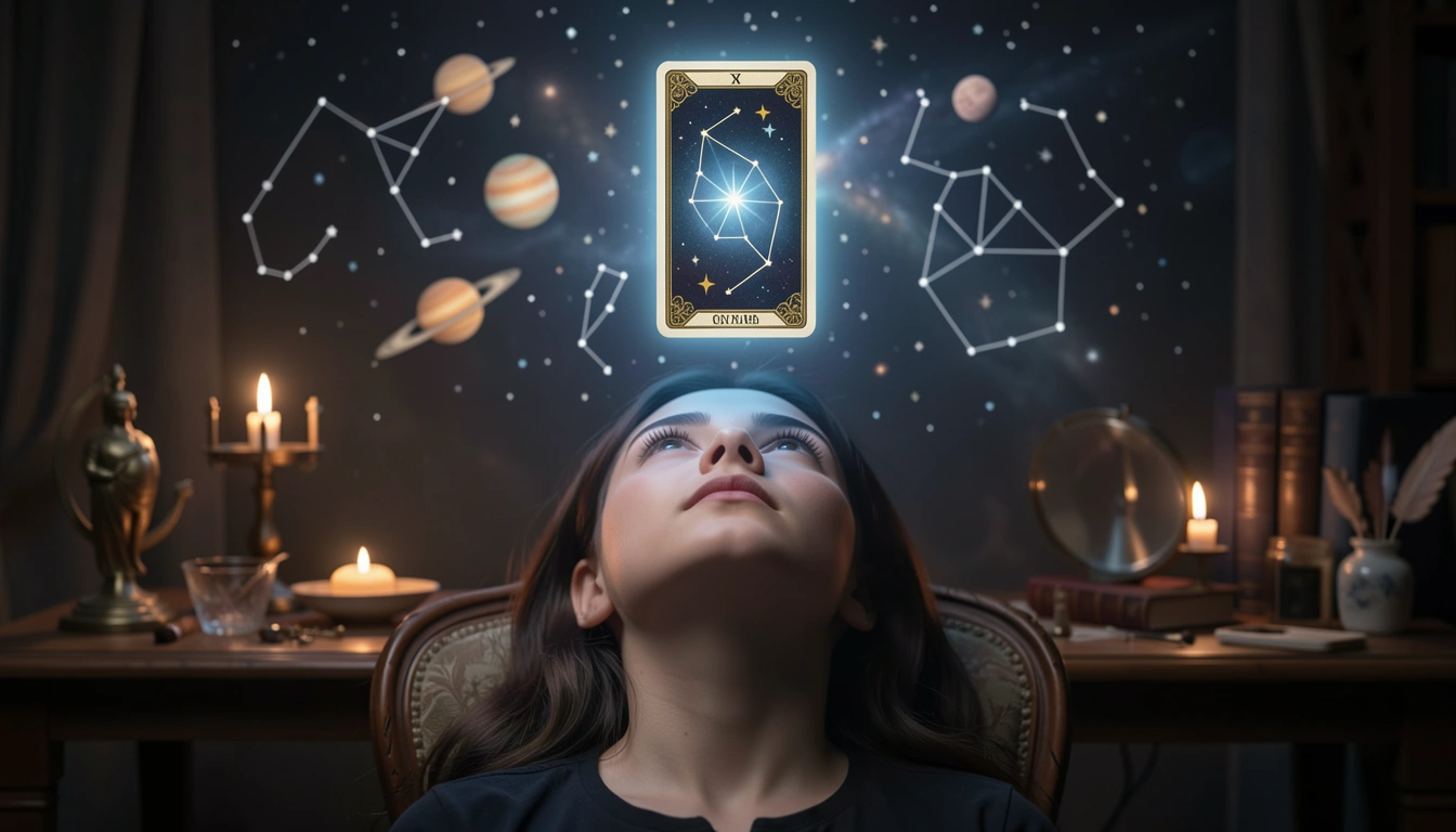 Person gazing upward at a glowing tarot card floating above, dreamlike lighting.