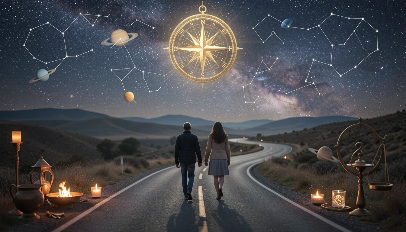 Two figures walking on a road under a starry sky representing long-term potential