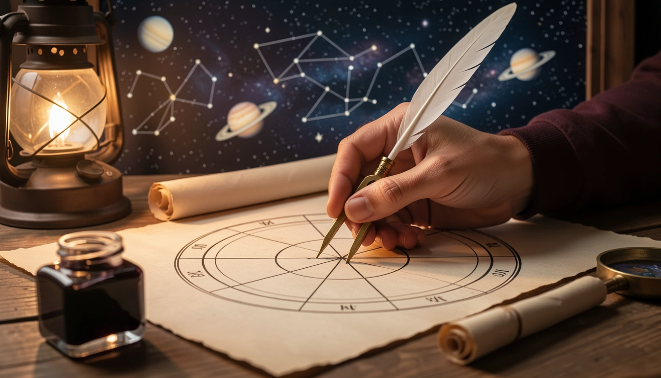 Hand drawing D10 divisions on parchment with compass