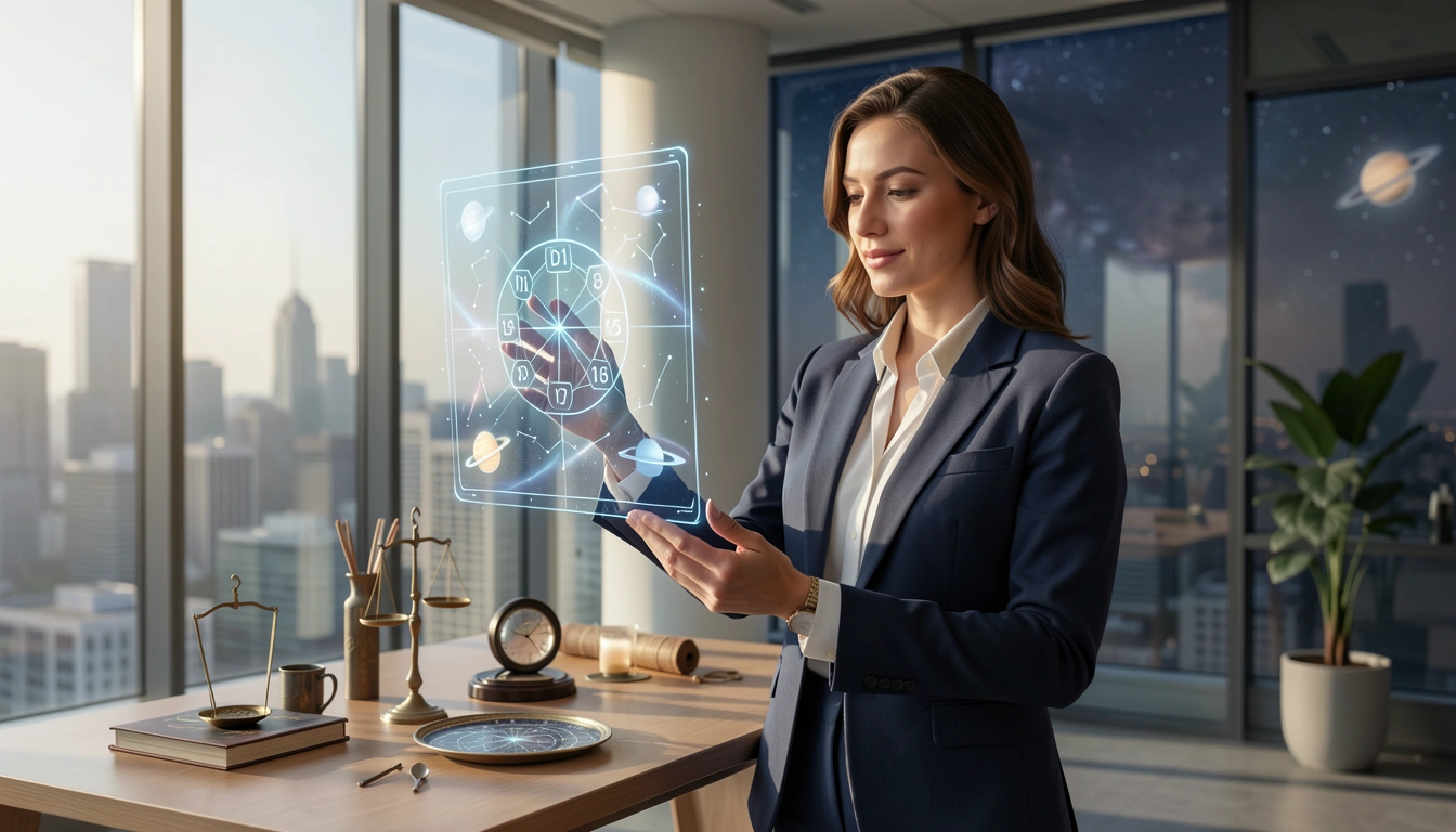 Professional woman viewing holographic D10 chart in office