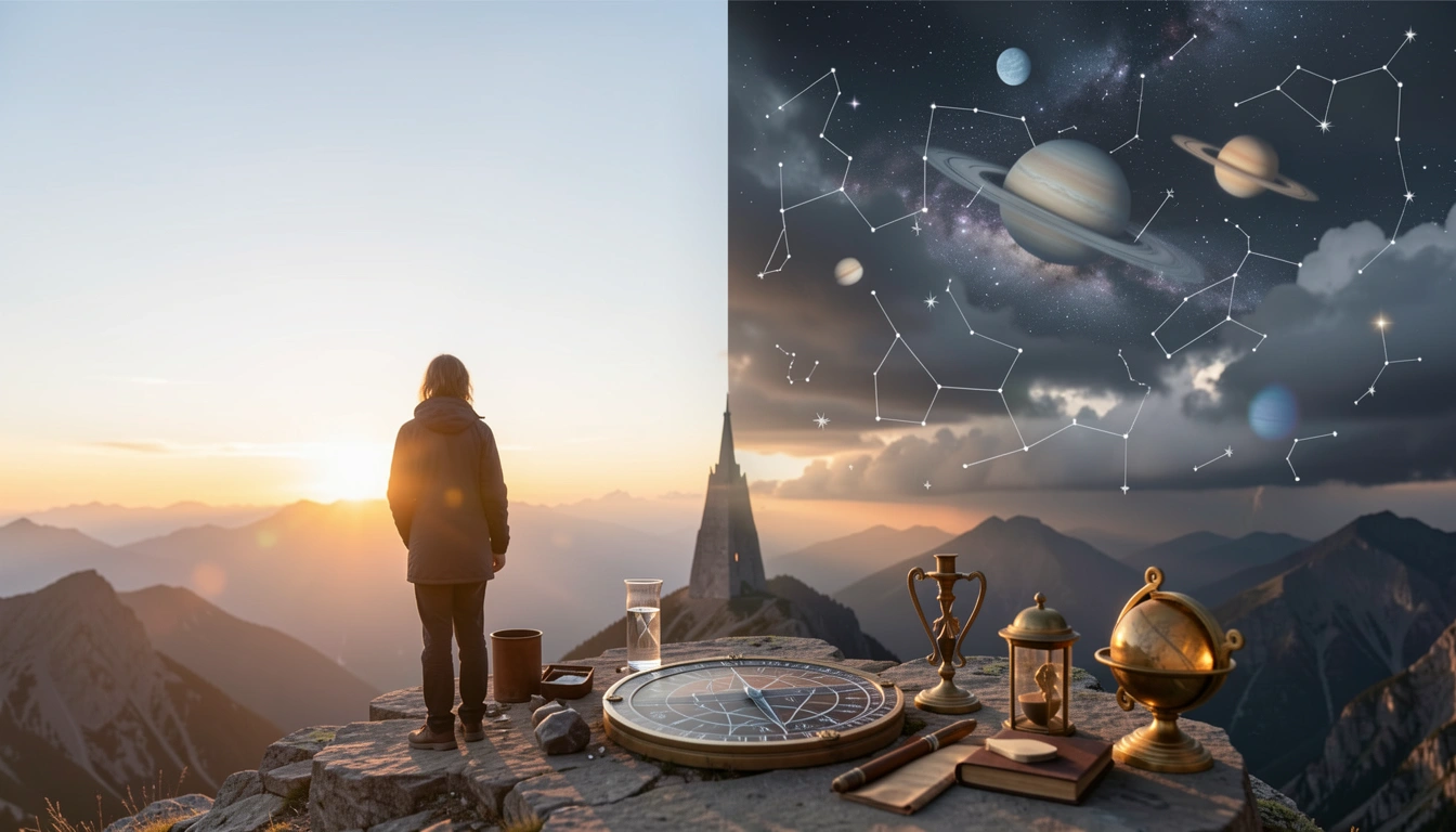 Person on mountain peak under divided sky representing career challenges and strengths