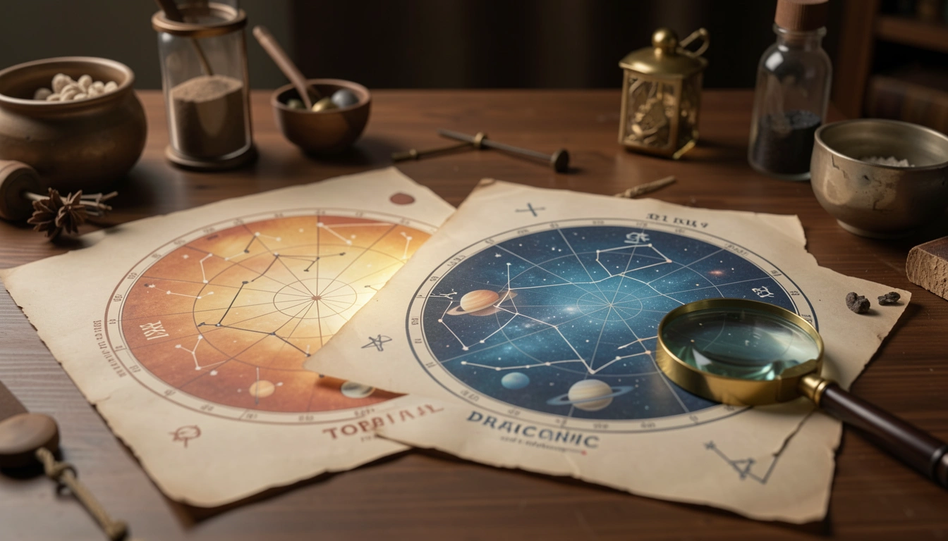 Overlapping tropical and Draconic astrological charts with a magnifying glass