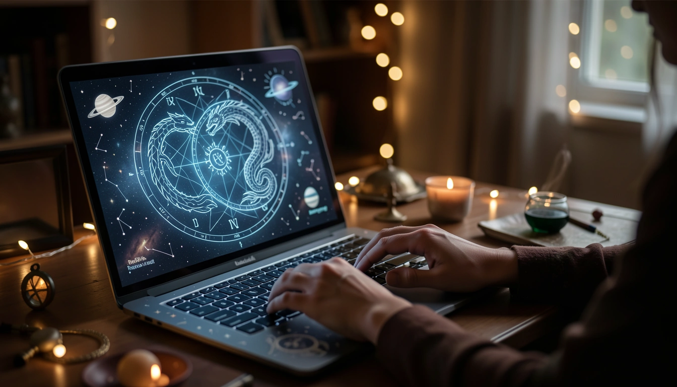 Hands typing on keyboard with Draconic synastry chart on screen