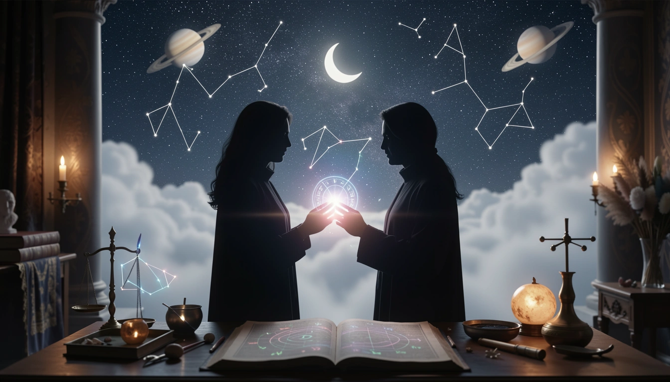 Two silhouettes with a glowing heart connection under starry sky representing soul bond