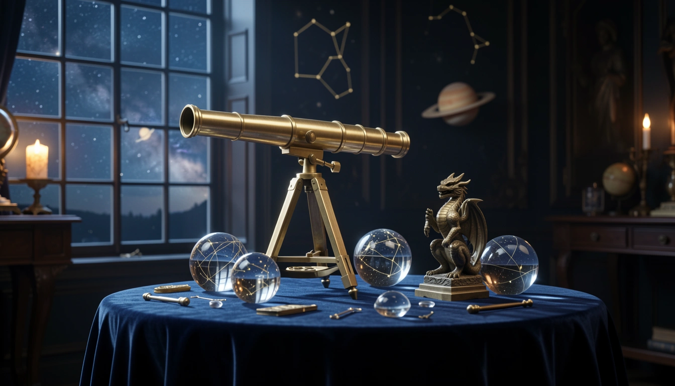 Brass telescope and crystal spheres on velvet table with dragon statue, representing outer planets in Draconic astrology