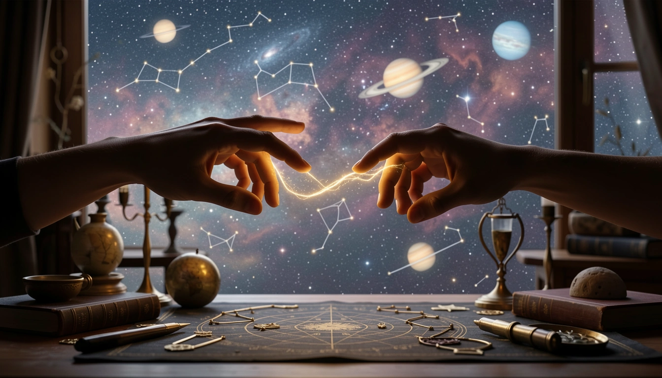 Two hands reaching with a glowing thread of light connecting them, representing soul connection