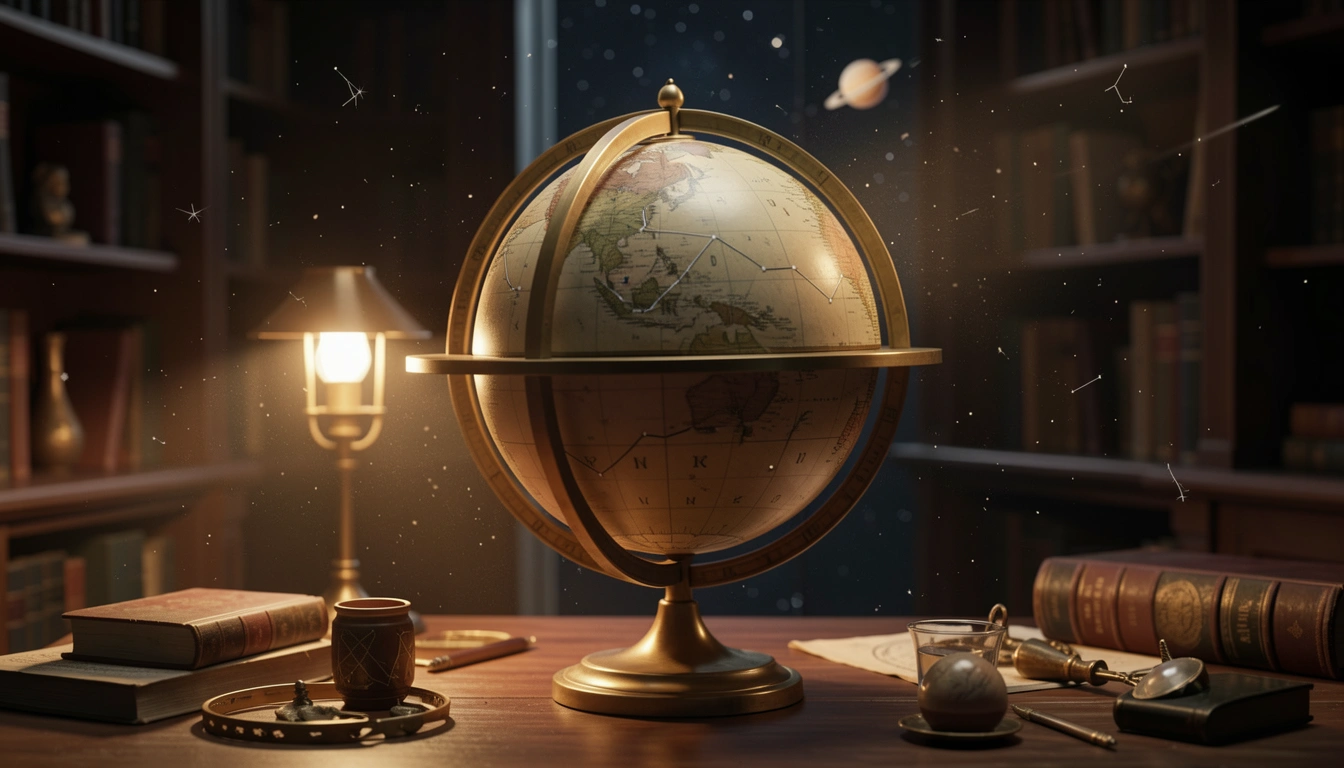 Antique celestial globe with brass rings illuminated by warm lamplight