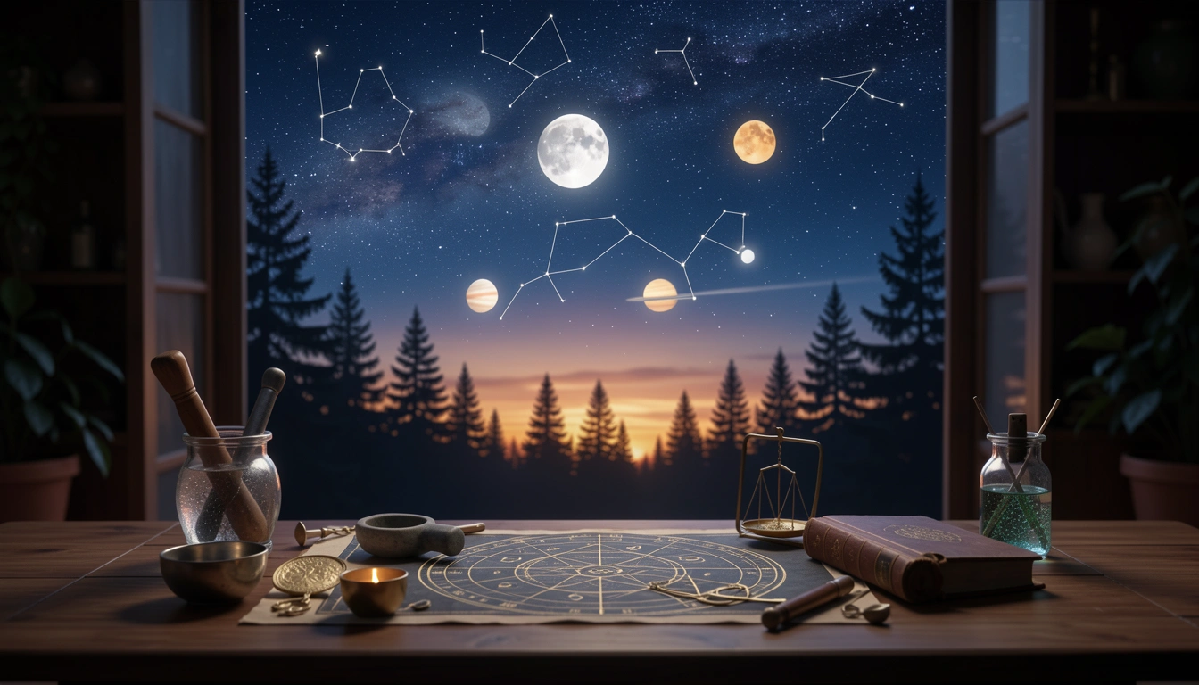 Night sky with Moon and planets over pine tree silhouettes