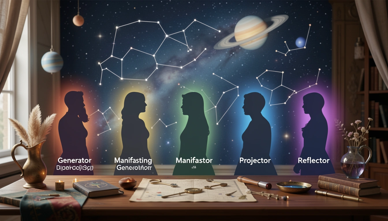 Five silhouettes representing Human Design types with colored auras