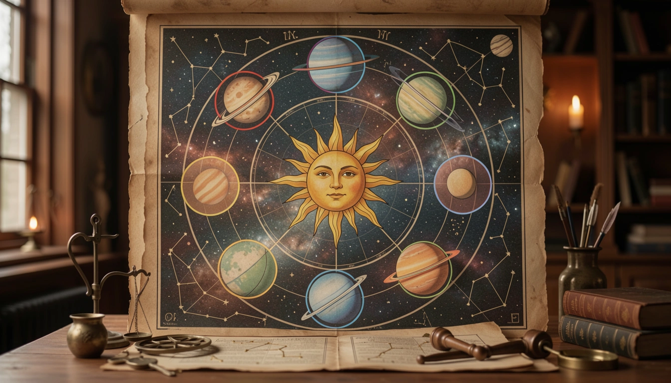 Planet symbols with corresponding line colors on star chart