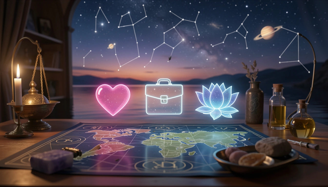 Map with heart, briefcase, and lotus icons for love, career, growth