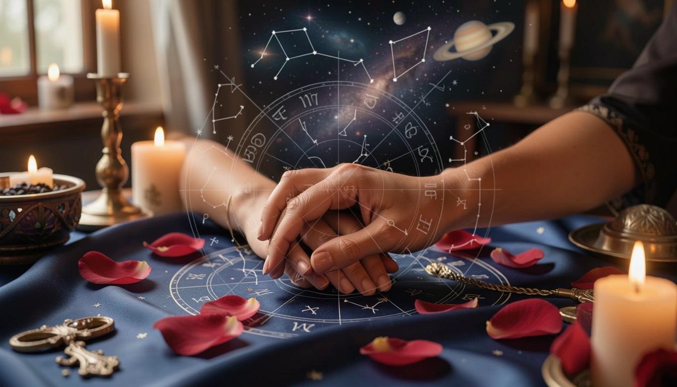 Intertwined hands with Vedic chart overlay and rose petals