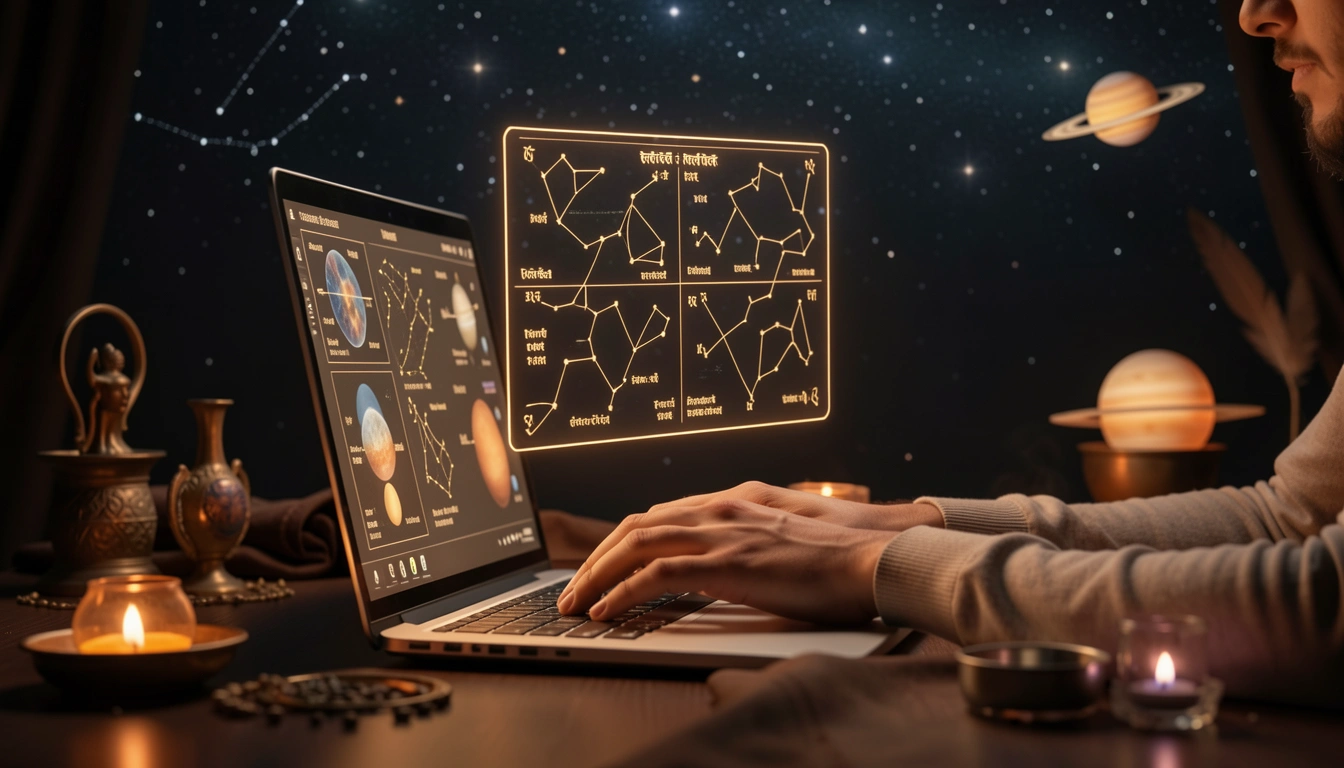 Hands typing on laptop with floating holographic Vedic chart