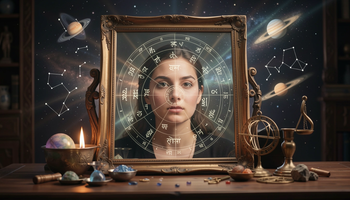 Reflection of a person with Vedic chart overlay in a mirror