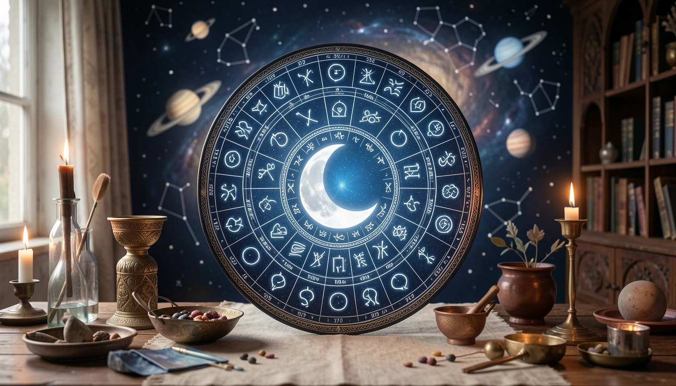 Circular wheel of 27 nakshatras with crescent moon